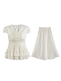 Kyoto Tea Room V-Neck Cereise Lace Embroidery Spliced Short-Sleeved Bow Blouse Dress Suit Summer Girl