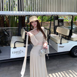 French Gentle Wind Mesh Splicing Collar Dress Niche Design Feel Beautiful Temperament Seaside Holiday Long Skirt