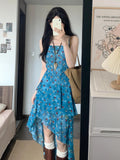 Holiday Style Retro Floral Sling Dress Women's Summer Design Irregular Dress To Collect Waist Thin A Skirt