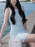 Blue And White Crash Linen Hollow Belt Yarn Muscle Apparent Thin Straight Barrel Thin Knit Dress Woman Summer