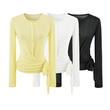 Round Collar Button Micro-Permeable Lace Repair Clothes Summer Straps Thin Long-Sleeved T-Shirt Girl