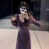 French Purple V-Neck Knitted Dress Women Early Autumn 2025 New Bottom Slim Dress