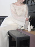 Tender One-Word Lace Horse Seaweed Top With Knitted Half-Dress Two-Set Set