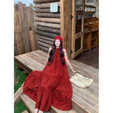 2025 Is Suitable For Travel To Thailand Wearing Vintage Wine Red Sleeveless Hanging Neck Loose Dress Seaside Holiday Wind