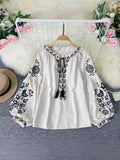 National Style Retro Heavy Industry Embroidery Tiling With Tuxedo Collar Loose Thin Age Bubble Sleeve Tops Women's Holiday Shirt