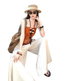 Holiday Wind Orange Printed Scarve Sling + Casual Broad Leg Pants High Feeling Cool Trousers