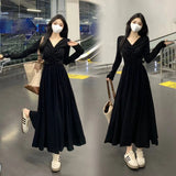 2025 New V-Neck Long-Sleeved Dress Women's Autumn Dress French Fold Design Feeling Waist Display Skin Bottom Skirt
