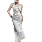 2025 Summer White Hanging Neck Sling Dress Female Vertiny Fishtail High-End Seaside Vacation Super Fairy Long Skirt