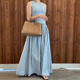 Korean Version Of The Summer Simple Round Collar Show Thin Splicing Folded Elastic Waist Skirt Sleeveless Long Dress 6 Colors