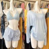 2026 New Solid-Color Bikini Four-Piece High-Value Printed Bows Cover Belly Thin White Bathwear