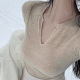 [Reave It] Soft Glutinous V Collared Horn Sleeves And Bottom Shirts For Women Slim Knitting Tops