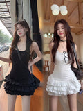Sweet White Sling Dress Women's Summer To Close The Waist Lotus Leaf Cake Dress Ballet Style A Short Skirt
