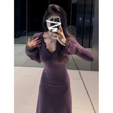 French Purple V-Neck Knitted Dress Women Early Autumn 2025 New Bottom Slim Dress