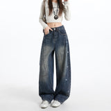 2026 Spring New Full Star Glitter High-Rise Loose Broad-Legged Jeans Women Thin Straight Tube Trousers
