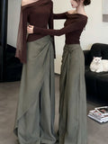 Temperament Set Of A Set Of Ootd Wearing Casual Style Retro Curry Long-Sleeved Top Broad Leg Pants Two Sets 2025 Autumn