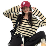 V-Neck Striped Knitted Jersey Women's Gas With Summer 2025 Early Autumn New Bottom Shirt Design Feeling Long-Sleeved Top