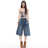 Vintage Paris Buckle Design Bamboo Denim Fabric Seven-Point Broad Leg Pants 2026 New Women's Thin Summer