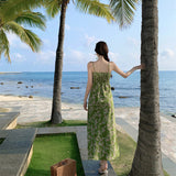 2025 Summer New Pastoral Holiday Temperament To Close The Waist Thin Green Broken Flowers Hanging Dress Dress Dress Woman