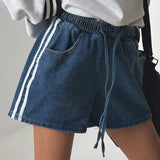 High Waist Tight Drawstring Tie With Side Of The Tie Denim Shorts Women Summer Water Wash Denim Blue Leg Shorts