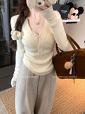 V-Neck Long-Sleeved Knitted Shirt Autumn And Winter Sweet And Spicy In The Early Winter White Bottom Repair Body Women's Gray Thin