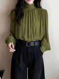 2026 Early Spring New French High-End Light Luxury Green Wrinkled Dens Downsted Shirt Women's Professional Commuter Shirt