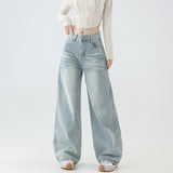 Small Retro Wash Wide Leg Jeans Women Autumn Design Embroidered Folds Loose Drag Trousers