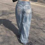 South Korea Dongdae PP Wing Print Loose Jeans Women Retro To Make Old High-Rise Thin Broad Legs Casual Trousers