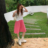 2 Color Retro Loose Broad Leg Pants Tight Waist Drawstring 100 Straight Five-Point Trousers Summer Casual Pants Woman