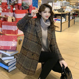 Lattice Suit Hair Coat Woman 2025 Autumn New Korean Version Of Loose Retro Lattice Coat In The Long Model