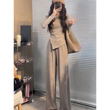 Irregular Solid Color Repair Body Dress Women's Fashion Set Of Spring And Autumn High Waist Broad Leg Trousers Casual Two Sets