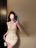 Pure Lust Wind Holiday Wind Hanging Neck Deep Dress Female Summer De Shredded Flower Babes Bag Ass Short Dress Dopamine Skirt