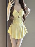 Yan Swimsuit Lady Pure Pink Dress Shading Belly Thin Conservative Hanging Neck Sexy Conjoined Hot Spring Korean Swimsuit