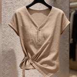 2026 Spring And Summer New Temperament Women's Commuting Style V Collar Short Sleeves To Close The Waist Shirt Is Thin And Design Blouse