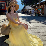 2025 Light Yellow Lattice Holiday Wind And Wind-Dew Back Dress Dopamine Island Beach Hanging Neck Beach Dress
