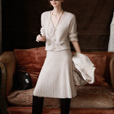 Soft-Cough Light Milk Tea Elegant Italian Cashmeal Knitted Blouse + Skirt Set