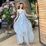 2025 New French Retro Lotus Side Hanging Neck Long Skirt Female Holiday Style Temperament Waist Thin Dress