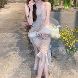 Haitang Flower Opening Silk Slant Cutting Series Temperament Print Sling Skirt Hanging Neck V-Neck Opening Dress