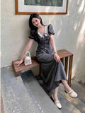 Large-Size French Wave Dot Lace V-Neck Dress Women Summer Fat Mm Salt Girl To Show Thin Gray Dress