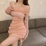 Sexy Hottie Sweet And Spicy Gentle Folding Word New Braid Mesh Elastic Long-Sleeved Dress Dress