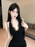 Black Sexy Care Machine V-Neck Lace Wrapped Chest Hanging Neck Ass Design Short Small Dress
