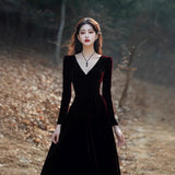 Famous Temperament Velvet Dress Women Autumn And Winter New Feeling Slim Back Slim V Collar Bottom Fishtail Skirt