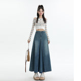 Vintage Washing Denim Half-Dress Woman Autumn A Big Skirt Splicing Medium Long Skirt High Waist Retro Style