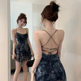 Pure-Want Hottie Cross-Dress Irregular Print Sling Dress Women Summer Wearing Thin Short Skirt