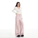 Design Sense High Street Hanging Casual Retro Pink Leopard Straight-Legged Jeans Women Loose Trousers