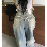 South Korea Dongdae PP Wing Print Loose Jeans Women Retro To Make Old High-Rise Thin Broad Legs Casual Trousers