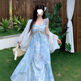 French Tea Break Blue Sling Skirt Women's Summer Tourism Beach Sweet Sunset Large Dress