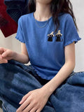 Unique Beautiful Miu Blue Kitten Short-Sleeved T-Shirt Girl 2026 Spring And Summer Super Fire Age Reduction Knitted Shirt Thin Top