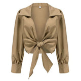 2025 New Sexy Cross V-Necked Lantern Sleeve Shirt For Women's Spring High-Waisted Short Top