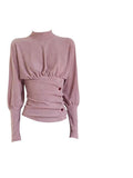 Small High-End Feeling New Chinese High-Neck T-Shirt Autumn And Winter New Slimming Waist Folding Button Bottom Shirt Woman