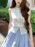 White Pear Water Hand-Scuttered Sky Silk Wisting Sky Sweet Top Blue Striped Wood Ear Half Skirt Set